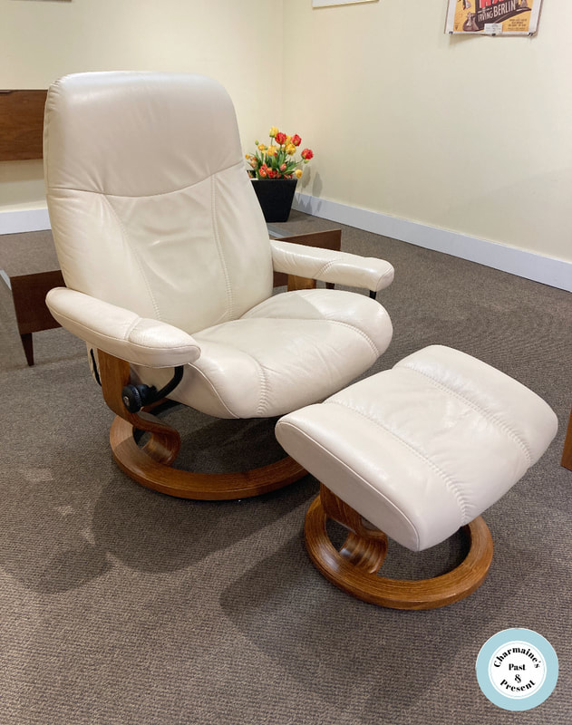 MARVELOUS MODERN IVORY COLORED STRESSLESS CHAIR & OTTOMAN BY EKORNES...$1500.00
