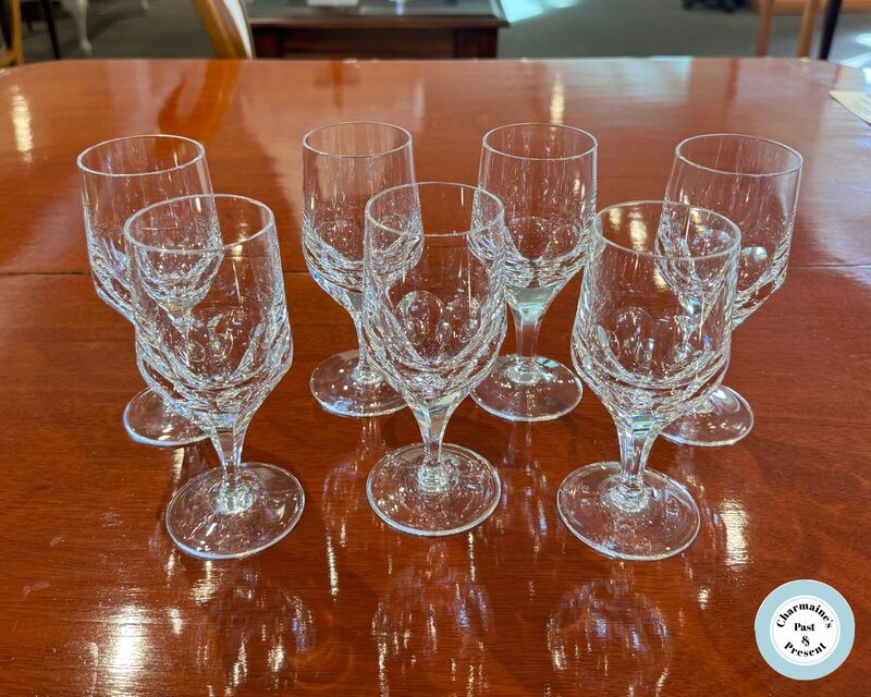 VINTAGE CUT LEADED CRYSTAL WINE GOBLETS BY JOSEPHINE HUTTE "NAPOLEON" SET OF SEVEN...$80.00