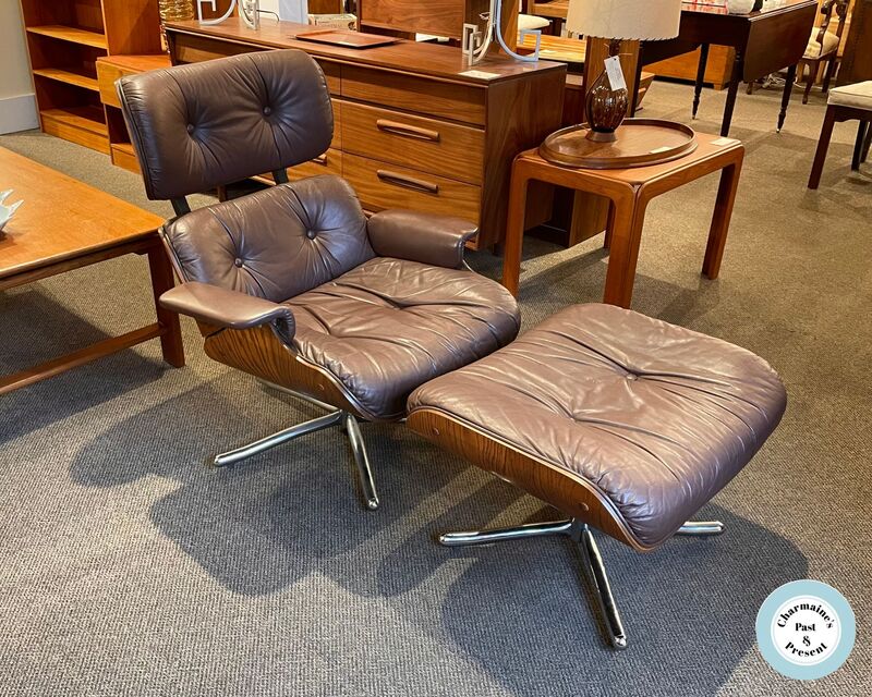 HANDSOME LEATHER MID-CENTURY MODERN EASY CHAIR + OTTOMAN...$1249.00