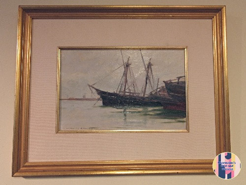 LOVELY ORIGINAL OIL PAINTING "DOCKED IN THE HARBOR" 1895 BY FARQUHAR MCGILLIVRAY KNOWLES....$800