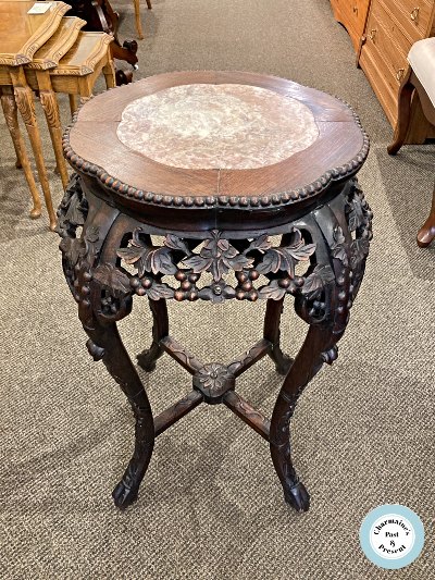 STUNNING ANTIQUE CARVED ASIAN MARBLE TOP PLANT STAND...$599.00