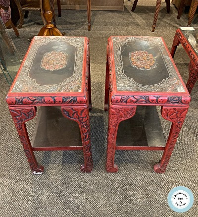 BEAUTIFUL & RARE ANTIQUE PAIR OF ASIAN CARVED LACQUERED END TABLES...$399.00 
