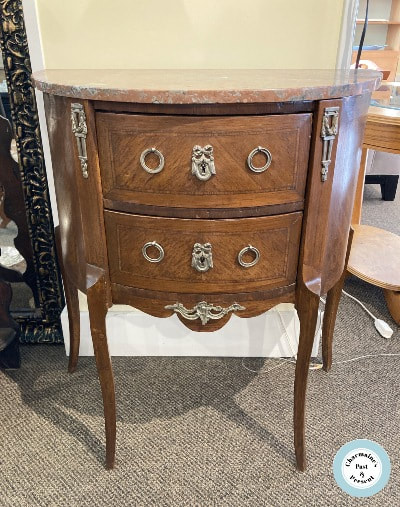 BEAUTIFUL ANTIQUE MARBLE TOPPED DEMI-LUNE SIDE TABLE WITH DRAWERS...$449.00