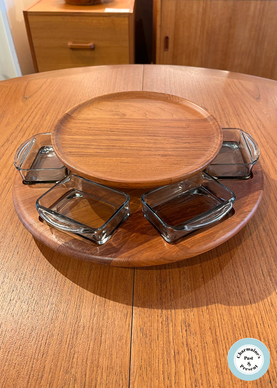 WONDERFUL MCM TEAK WITH GLASS DISHES LAZY SUSAN BY DIGSMED...$149.00