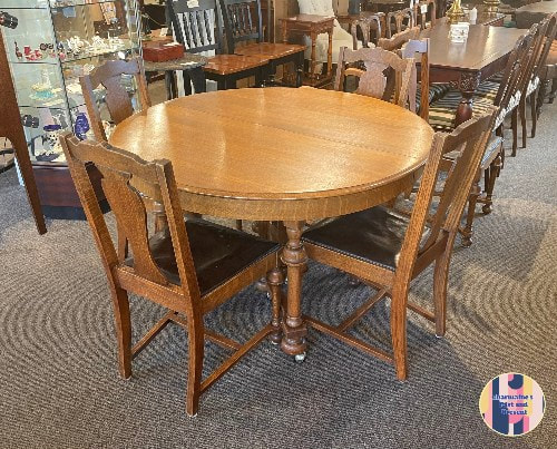 HANDSOME OAK TABLE WITH 6 CHAIRS (+ LEAVES) BY "GEORGE J. LIPPERT CO."...$799.00
