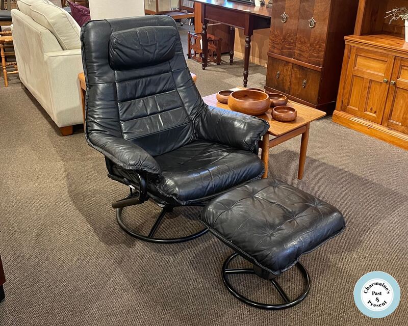 WONDERFUL MID-CENTURY MODERN LEATHER RECLINER AND STOOL...$599.00