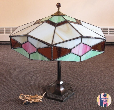 LOVELY VINTAGE STAINED GLASS LAMP WITH BASE BY HANDEL...$449.00.