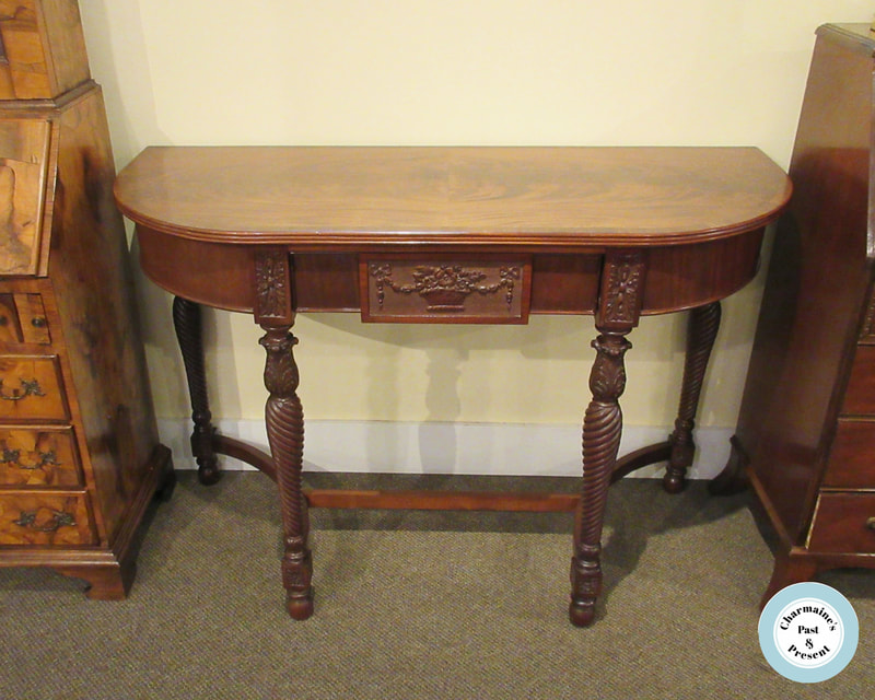 GORGEOUS FLAMED MAHOGANY DEMI-LUNE HALL TABLE WITH DRAWER...$449.00
